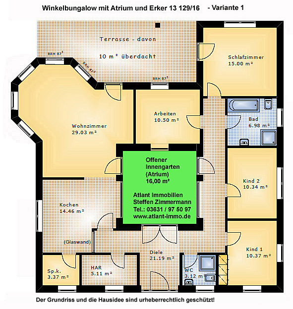 Winkelbungalow mit Erker und Atrium Grundriss 129 qm Wohnfläche 