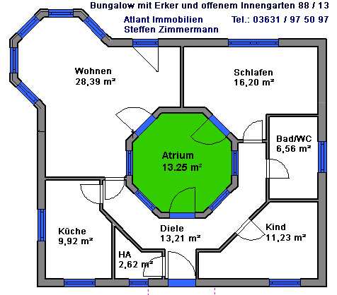 Bungalow 88 m² mit Atrium 13 m² Grundriss