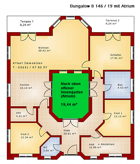 Bungalow 146 m² mit Atrium 19 m²  Grundriss Erdgeschoss