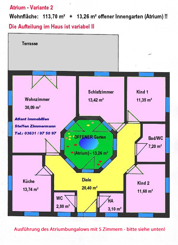 Bungalow 114 m² mit Atrium 13 m² Grundriss