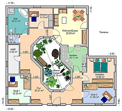 Winkelbungalow 131 m² mit Atrium 26 m² Grundriss