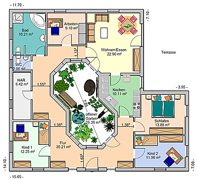 Winkelbungalow 131 m² mit Atrium Grundriss