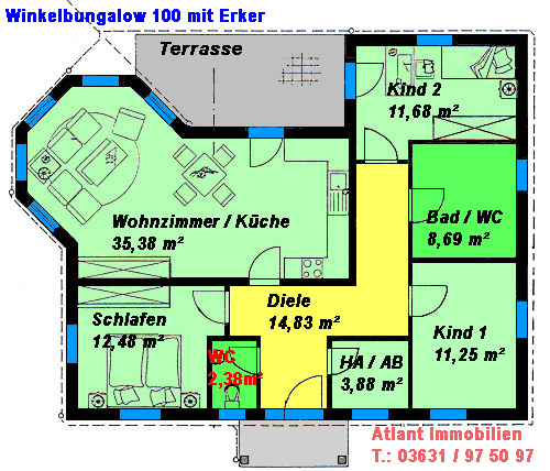 Winkelbungalow 100 m² mit Erker Grundriss