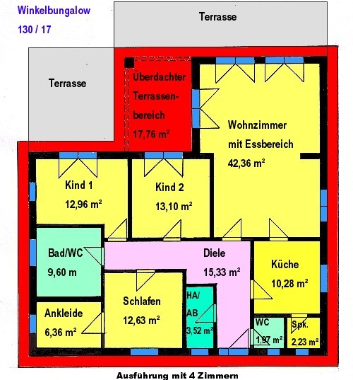 Winkelbungalow 130 m² Wohnfläche Grundriss