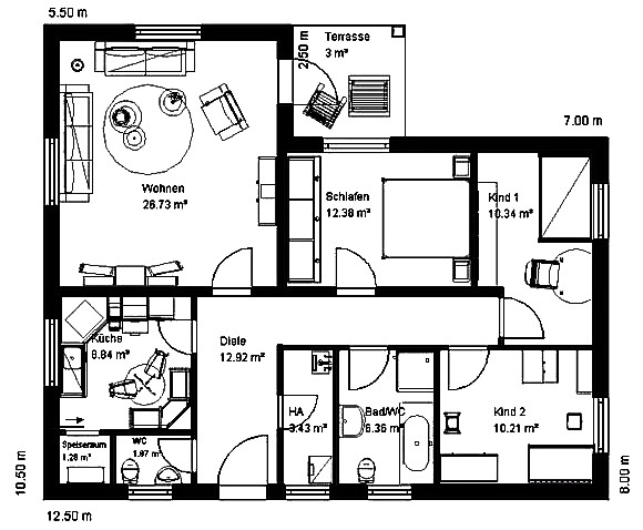 Winkelbungalow 99 m² Grundriss