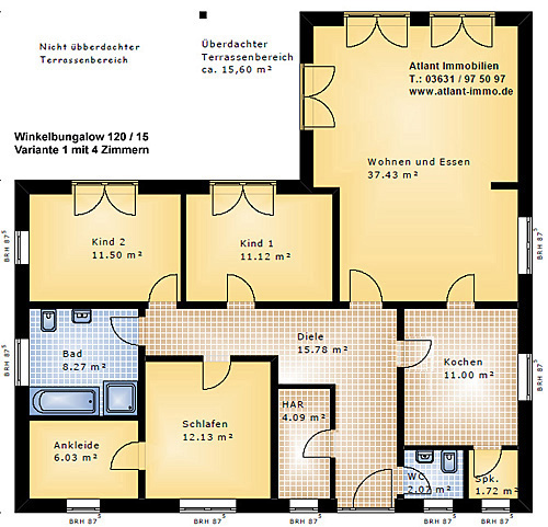 Winkelbungalow 120 15 Grundriss mit 4 Zimmern