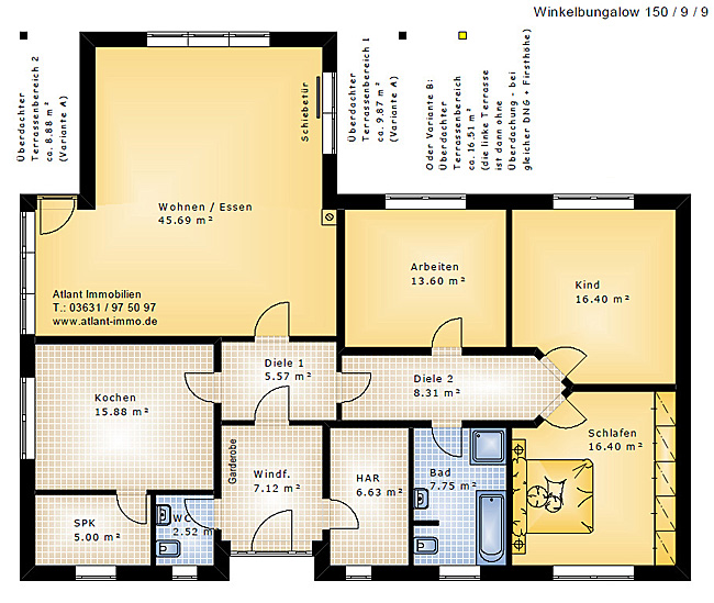 Grundriss Winkelbungalow 150 qm mit zwei überdachten Terrassen