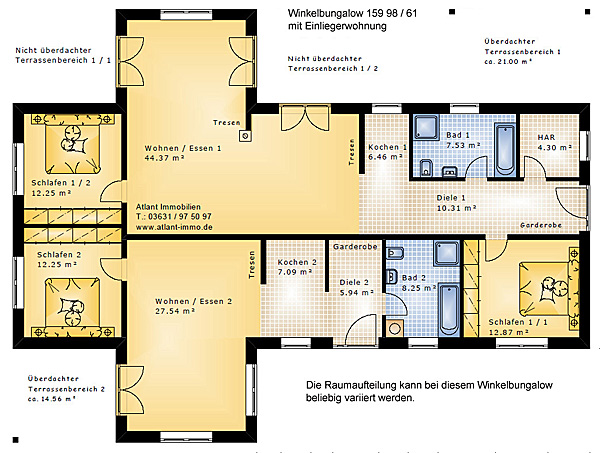 Grundriss für Winkelbungalow 159 qm Wohnfläche mit Einliegerwohnung und zwei überdachten Terrassenbereichen